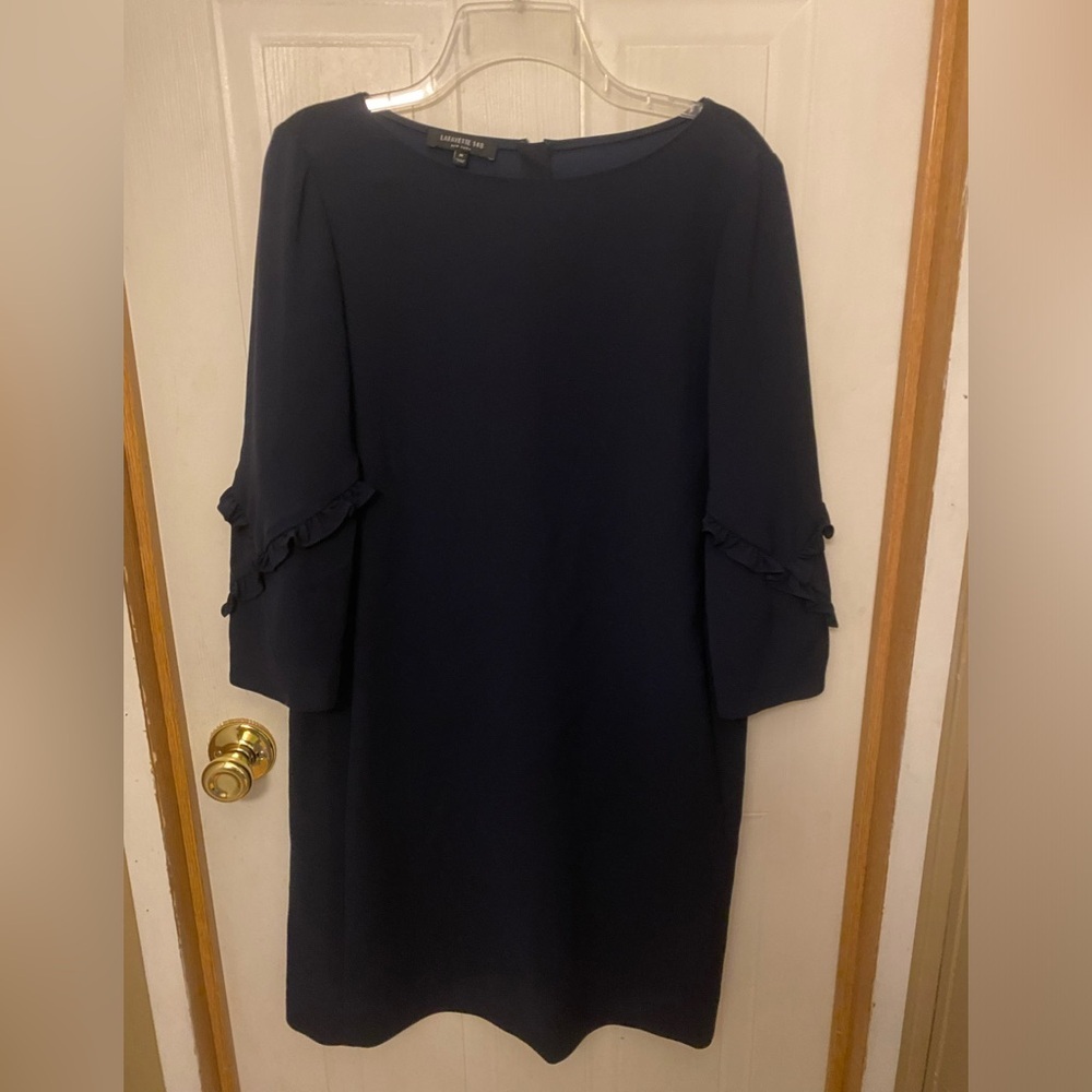 Lafayette 148 New York Navy Ruffle-Accent Long Sleeve Shift Dress - Picture 5 of 9
